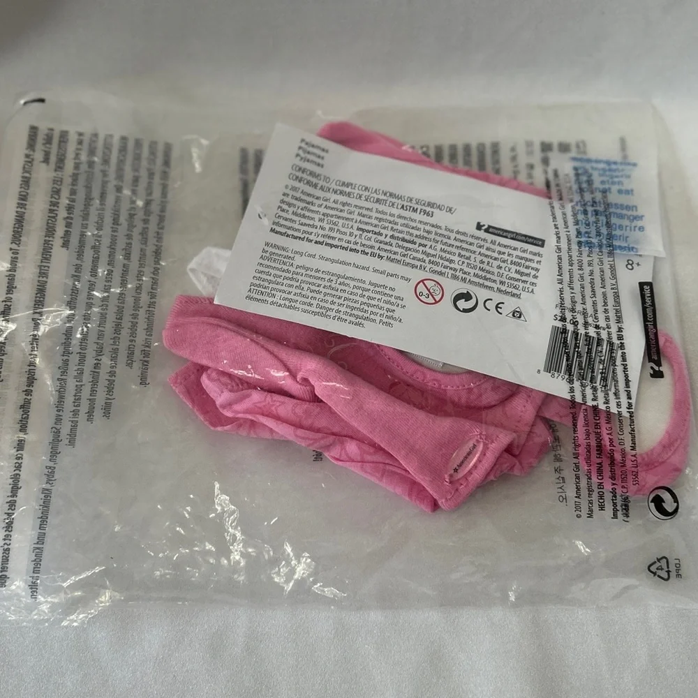 American Girl 18” Doll Pink PJ Set With Sleepers & Hair Tie NOS NIP - Picture 11 of 14